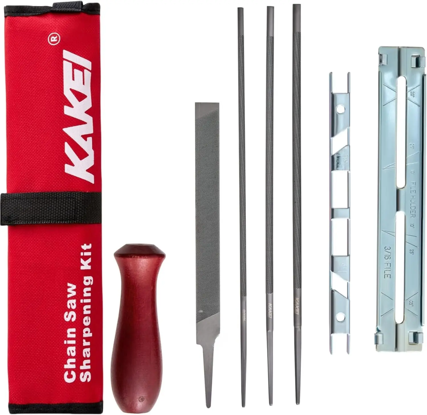 Chainsaw Sharpening File Kit, Chainsaw Chain Sharpener - 8 Packs - 3 Round Files(5/32-Inch, 3/16-Inch, 7/32-Inch), Flat File, Depth Gauge Tool, Filing Guide,  Handle, Travel Pouch (Red)