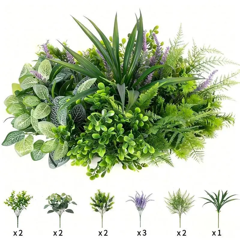 12pcs Artificial Plants Outdoor UV-Resistant Simulation Greenery Set, Includes Lavender, Ferns, Eucalyptus, Boxwood, DIY Garden Decor, DIY Floral Decoration, Decorative Fake Flower, Artificial Flowers, Artificial Fake Plants