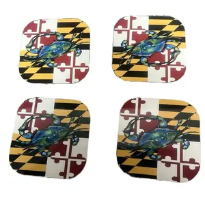 Maryland Crab Coasters - Set of 4 Tableware with Crab Design and Black and Yellow Checkered Pattern