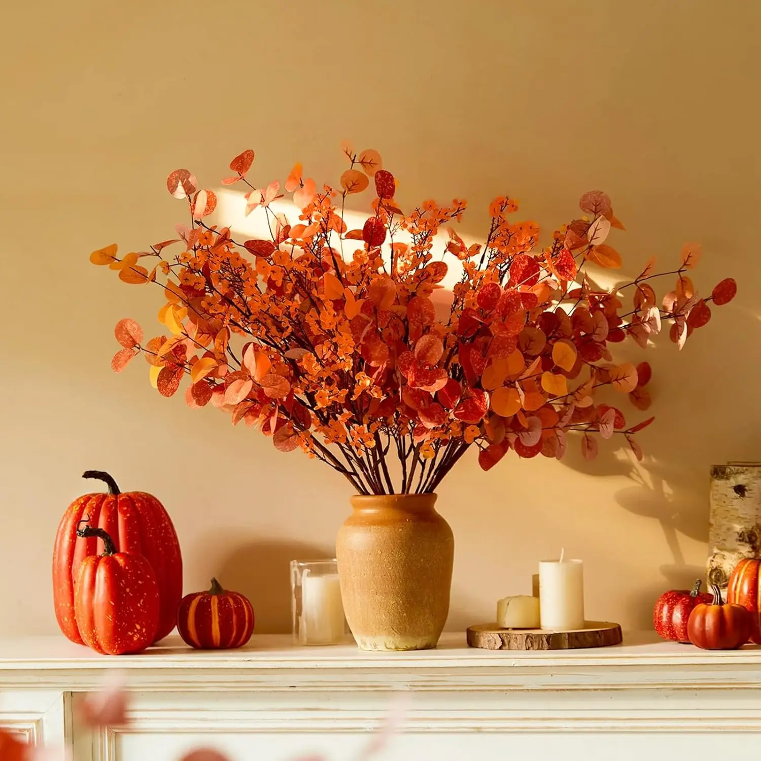 Halloween Fall Gift 5 Pcs Fall Flowers Fake Flowers, Babys Breath Artificial Flowers, Orange, , Realistic Artificial Flowers, Real Touch Silk Flowers, Fall Stems Bulk, for Home Vase Floral Arrangement Outdoor Decor