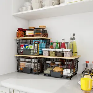 1 Stackable Wire Basket with Bamboo Top, Kitchen Counter, Pantry Organizer and Storage - Produce Onion Potato Fruits Vegs Bread Food Snack Spice Organizing Bin for Cabinet Shelf Countertop Floor