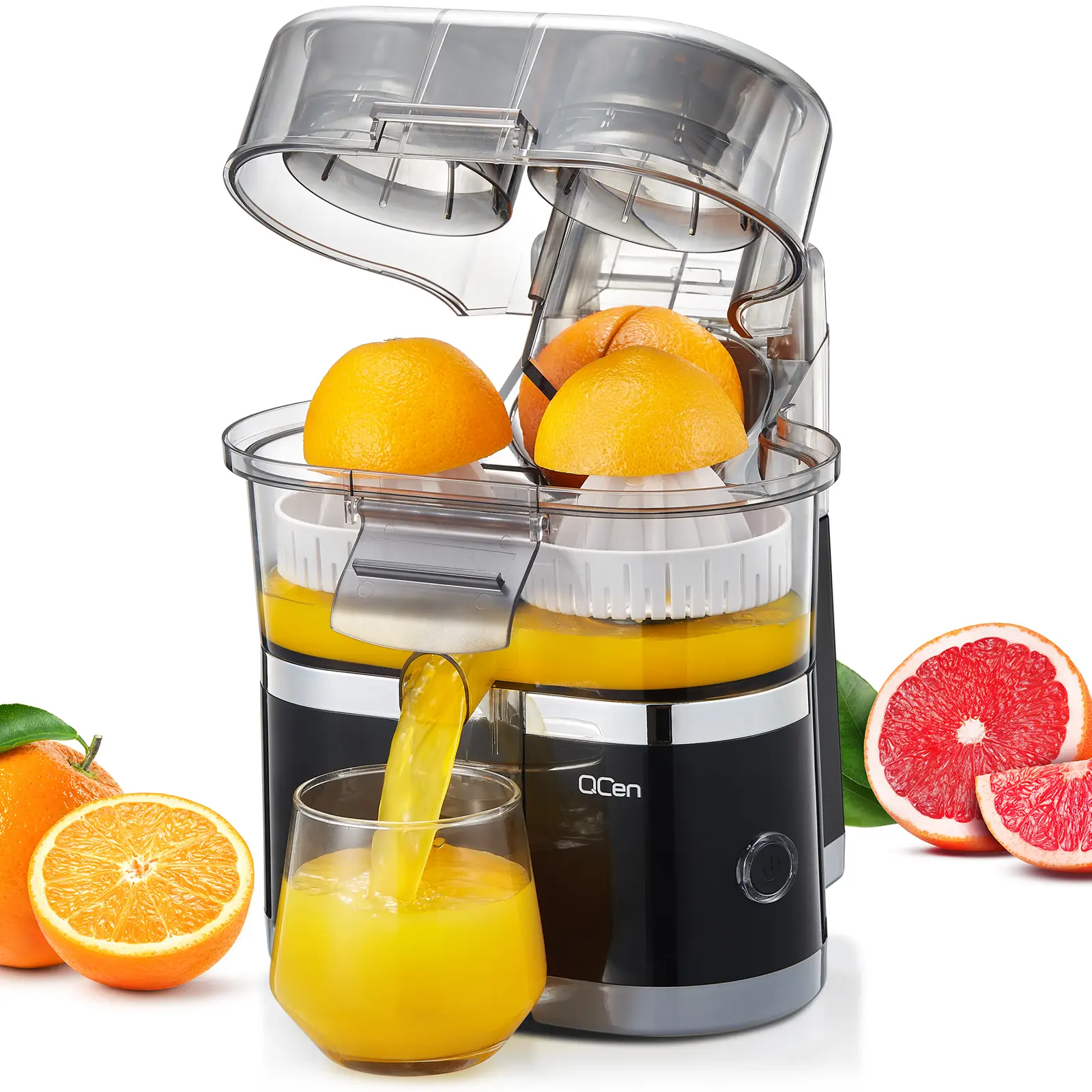 Qcen Electric Citrus Juicer, Automatic Dual Orange and Lemon Squeezer with Built-In Citrus Slicer, Easy to Clean, 2 in 1 Electric Fruits Juicer with C