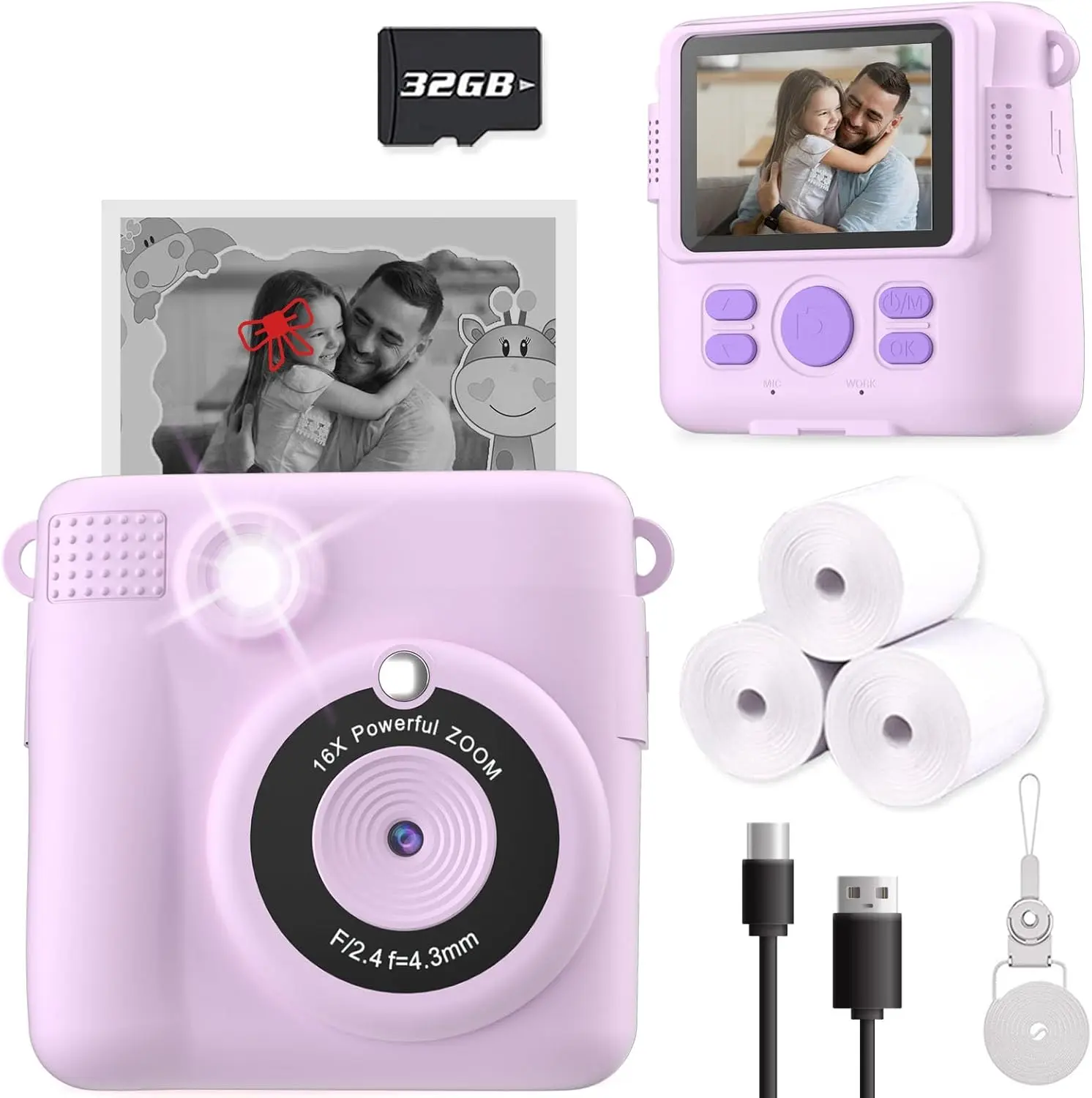 Instant Print Camera for , Christmas Birthday Gifts for Girls Boys,  Digital Video Cameras for , Portable  for 4 5 6 7 8 9 10 Year Old Girl with 32GB SD Card-Purple