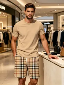 Men's Luxury Plaid Casual Set, Round Neck Short Sleeve Tee + Plaid Shorts, Two-Piece Outfit, Comfortable and Stylish