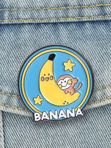 1 Piece Cartoon Banana Moon Monkey Enamel Pin, Cute Healing Style with Smiling Banana Crescent and Little Monkey Brooch, for Kids Animal Lovers Backpack Jacket Decoration Gift