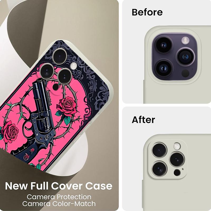 Straight Edge Gun And Rose Pattern Man's Phone Case for iPhone 15 16 14 Pro Max 13 12 11 XR XS Plus Shockproof Non Slip Military-Grade Protection Silicone Cover Cellphone Protective Smartphone Casing