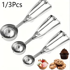 1/3pcs Stainless Steel Ice Cream Scoop, Cookie Scoop, Dough Scoop, Baking Stainless Steel Spoon with Trigger Release, Suitable for Cupcakes, Ice Cream, Muffins, Meatballs, Melon Balls