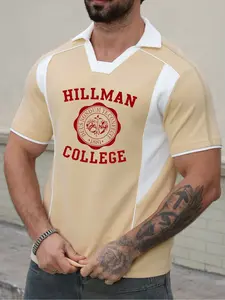 Single Piece Two-Color Patchwork Sport Polo Shirt, Casual Print Turn-Down Collar, Youth Fashion Streetwear, Trendy and Comfortable