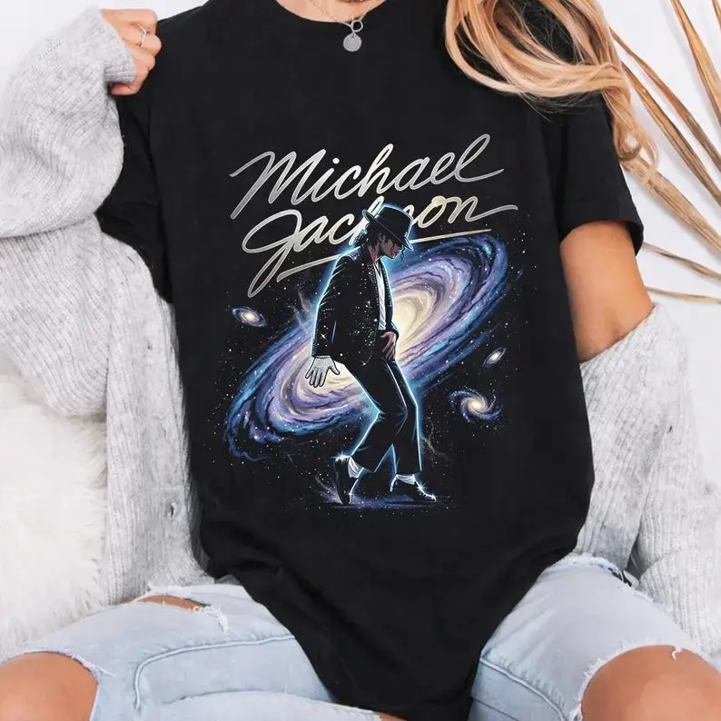 Women's Cotton Fabric Short-Sleeve Round Neck Oversized Streetwear Top - Michael Jackson King of Pop Halftone Design for Fans, Double-Stitched, True-to-Size