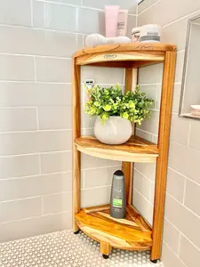 EcoDecors SnazzyCorner 32" Teak Wood 3-Tier Corner Shelf in EarthyTeak Finish