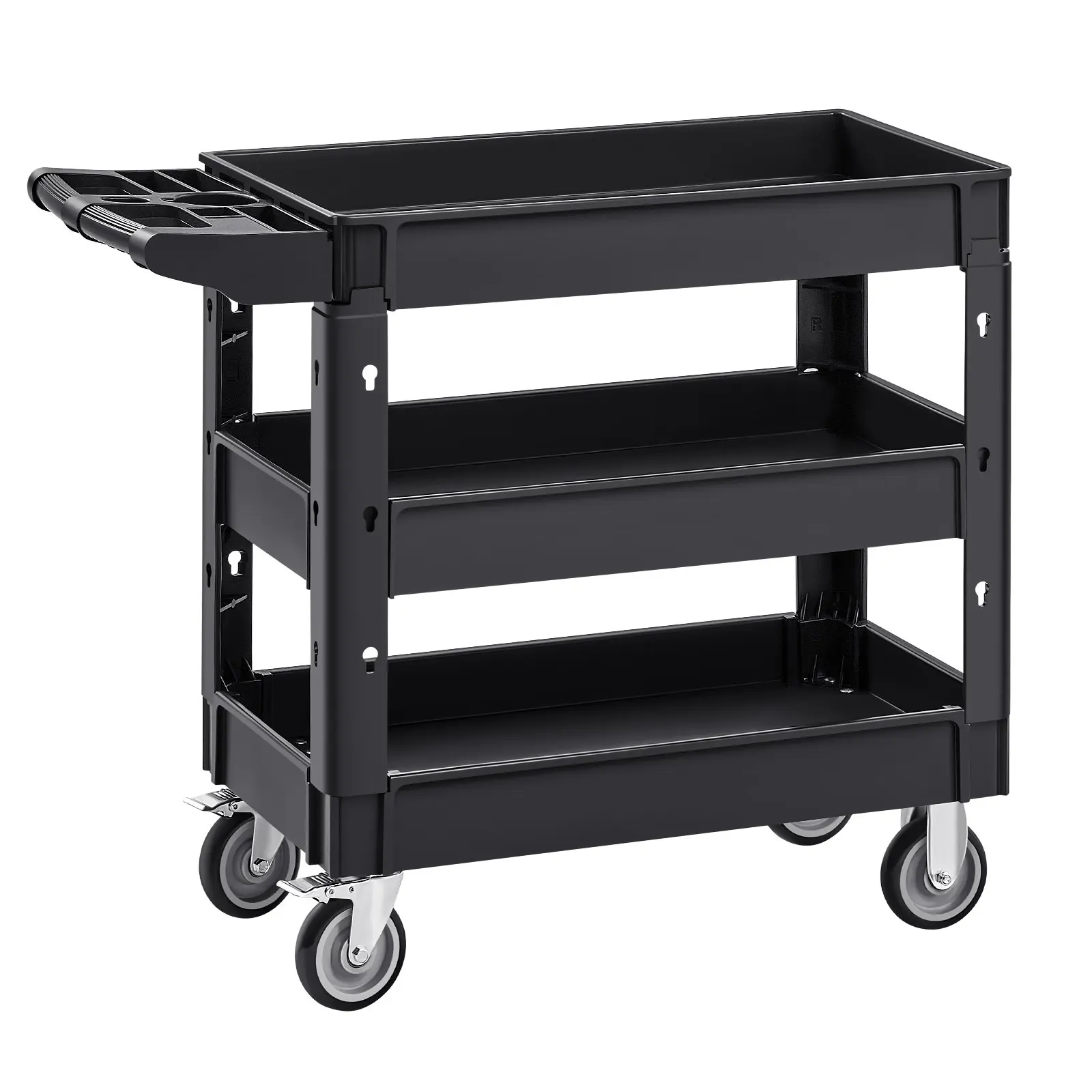【DealsForYouDays】VEVOR Heavy-Duty Polypropylene Plastic Utility Service Organiser Cart, 550lb Load Capacity, 3-Shelf Rotatable Rolling Cart with 360° Swivel Brake Castors (2 with Brakes), Ergonomic Handle for Warehouse, Garage