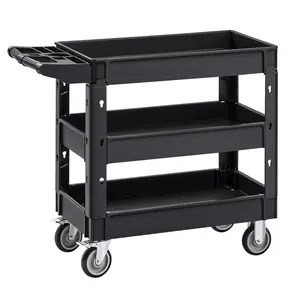 Heavy Duty Plastic Polypropylene Utility Service Cart, 550lb Load Capacity, 3-Shelf Rolling Cart with 360° Swivel Brake Castors (2 with Brakes), Ergonomic Storage Handle for Warehouse, Garage