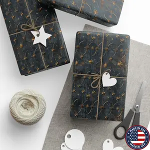 Midnight Gothic Starburst Christmas Wrapping Paper Rolls, Dark Blue and Gold Holiday Gift Wrap, Cathedral Tracery Gift Wrap