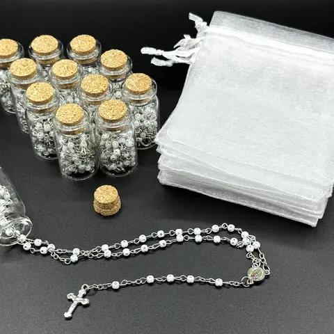 12pcs Rosary in Glass Bottle w/ Beaded Necklace & Crucifix Cross Charm Baptism/Christening Party Favor Recuerdos de Bautizo w/ Organza Bag