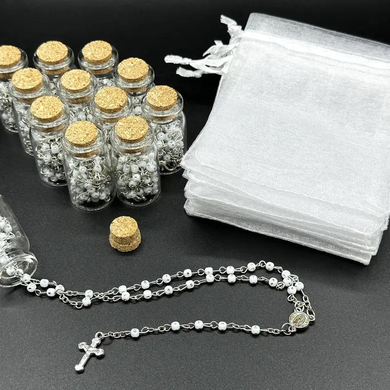 12pcs Rosary in Glass Bottle w/ Beaded Necklace & Crucifix Cross Charm Baptism/Christening Party Favor Recuerdos de Bautizo w/ Organza Bag