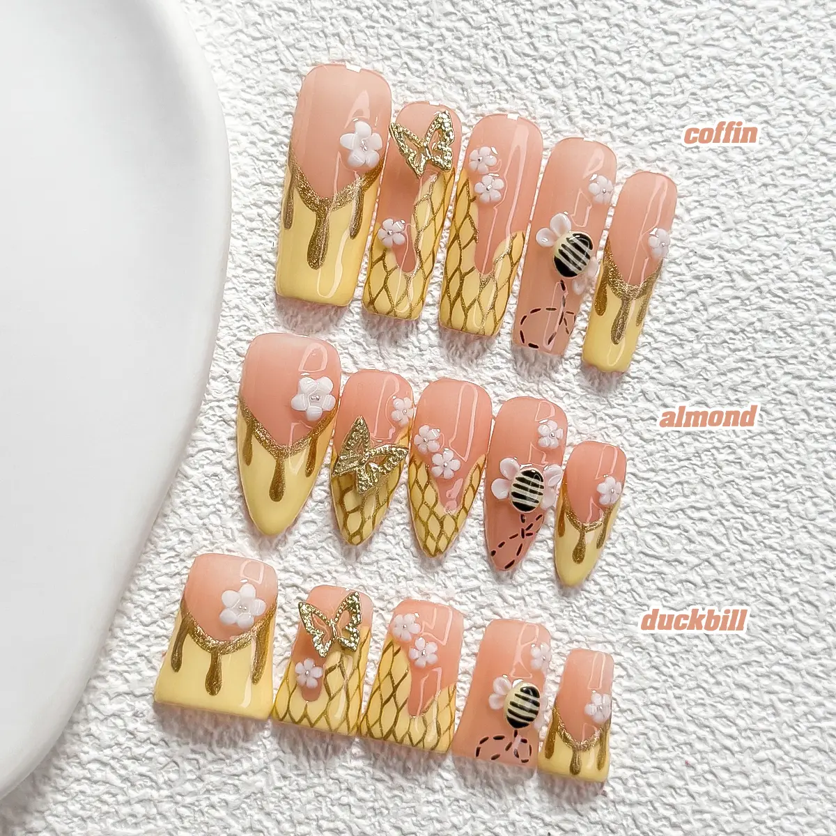 CuraTique Summer Collection | Honey Bee | 10-Piece Set  100% Handmade Nail Stickers, 3D Gel Nails, Reusable Nail Decorations | 2026 SpringNails | Holiday | The Perfect Nail Art for Vacations | Birthday Parties&Gift-Giving