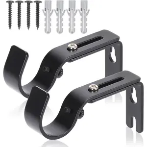 Curtain Rod Brackets for Wall - Adjustable Hooks, Iron Holders for 1 Inch Rod - Black (2 PCS)
