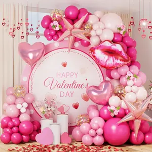 135-Piece Valentine's Day Rubber Balloon Arch Garland Decoration Set - Explosion Star, Pink Heart, Lip Foil Designs for Women's Valentine's Day, Wedding Party Home Festive Supplies