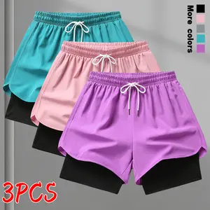 Women’s athletic shorts—casual, gym/workout, running—faux two-piece design for anti-exposure wear; breathable, quick-drying compression base layer leggings with an elastic waistband and drawstring.