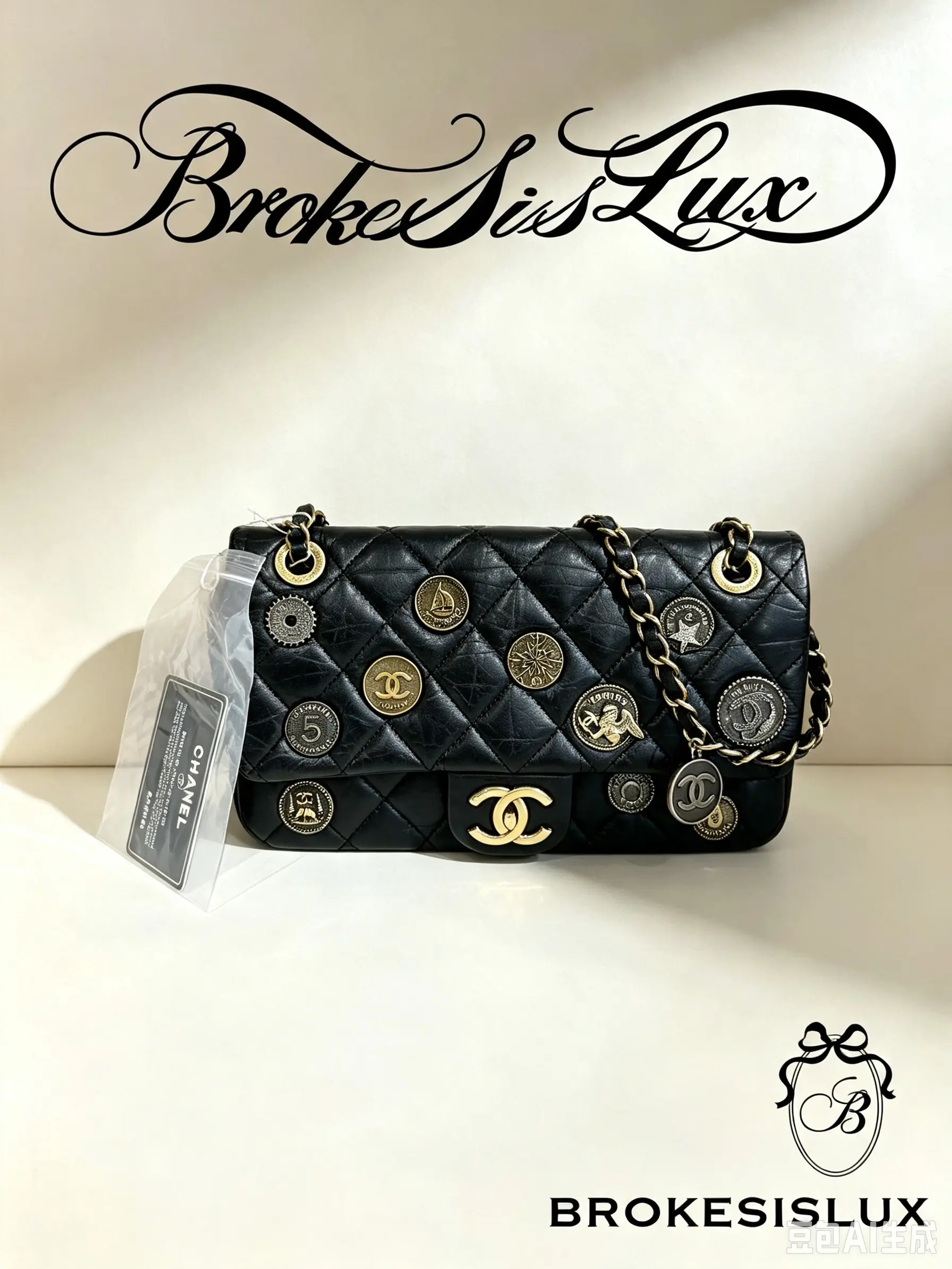 Pre-owned CHANEL Medium Classic Flap Bag, Black Calfskin with Limited Lucky Coin Medallions
