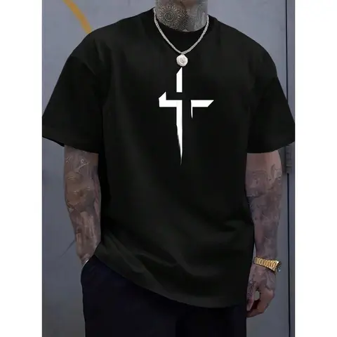 Men's Cotton Short-Sleeve Round Neck Graphic T-Shirt - Chic Regular Fit Preppy Retro Top, Smooth Soft Fabric, Minimalist Crisp Cross Graphic, Street Style, New Year Gift for Him