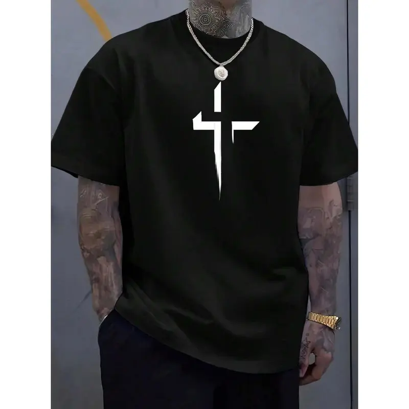 Men's Cotton Short-Sleeve Round Neck Graphic T-Shirt - Chic Regular Fit Preppy Retro Top, Smooth Soft Fabric, Minimalist Crisp Cross Graphic, Street Style, New Year Gift for Him