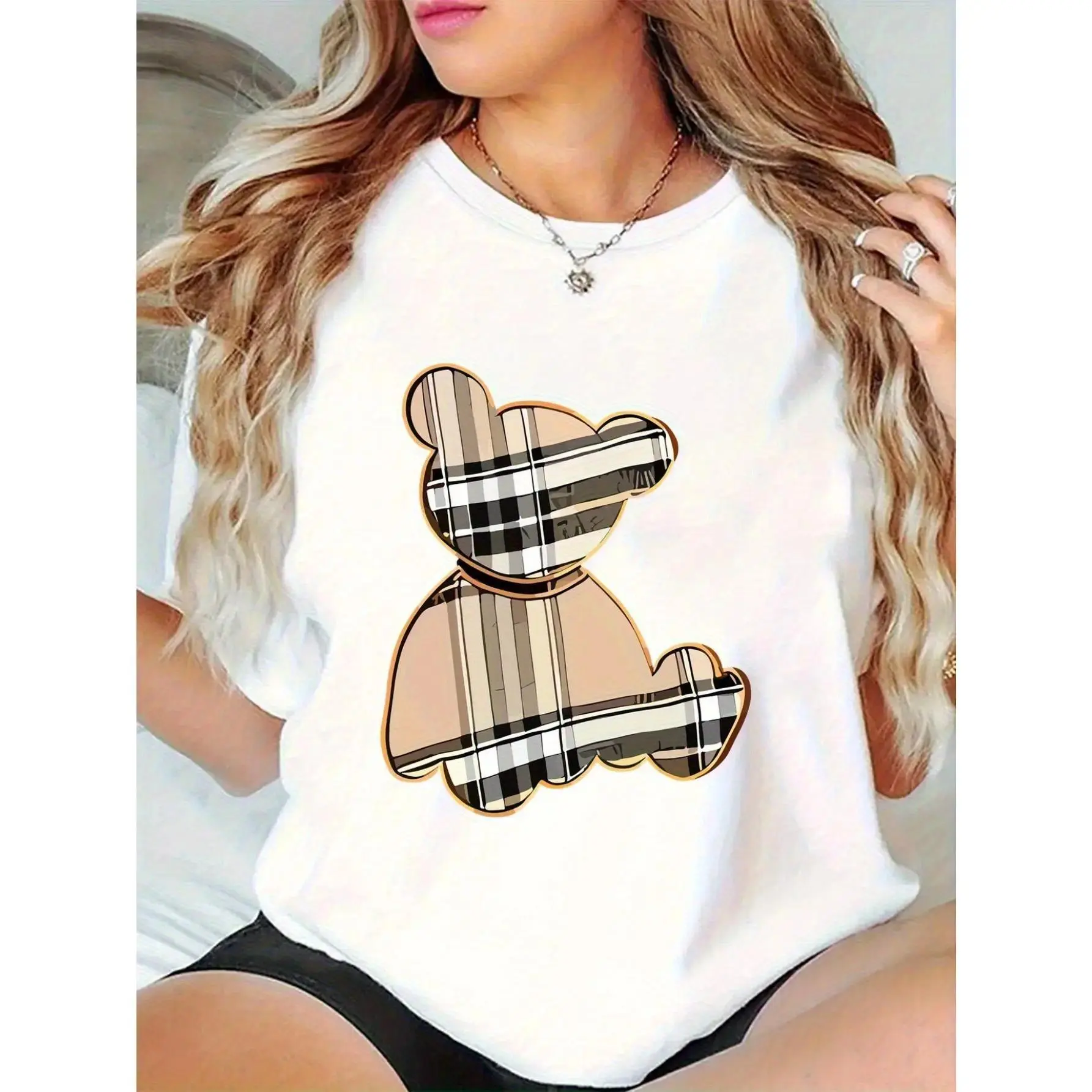 Women's Cartoon Bear & Plaid Graphic Cotton T-Shirt - Loose Fit Short Sleeve Round Neck, Breathable Summer Casual Top for Daily Wear & Parties, Machine Washable, Bear T Shirt, Relaxed Fit Tee, Comfortable Tee