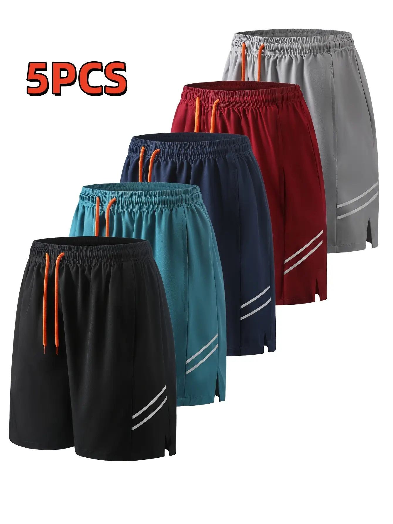 Men’s 5-Pack Quick-Dry Summer Lightweight Loose Breathable Running/Fitness Shorts — Cool-Touch Fabric with Drawstring Waist, Reflective Side Panels, and Two Side Cuffs for Outdoor Training