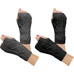 Women Winter Warm Knit Fingerless Gloves Hand Crochet Thumbhole Arm Warmers Mittens