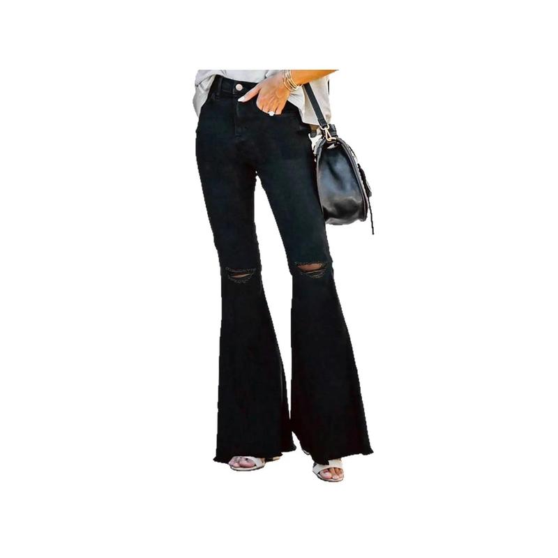 Women's Black Raw Hem Fringe Flare Jeans - Wide-Leg Distressed Bell-Bottom Denim Pants with Button Closure, Boho-Chic Fringe Hem & All-Season Wear for Casual & Formal Outfits (Machine Washable) - Boho Western Style