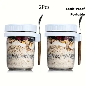 2 Pack 350ml 12oz Glass Oatmeal Jars with Lid and Spoon, Airtight Leak Proof Breakfast Container, Reusable Glass Cup for Overnight Oats Cereal Yogurt Smoothie Fruit, Perfect for Home Office Travel Camping