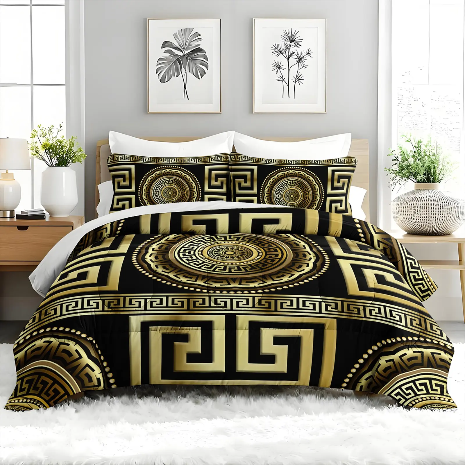 Gold Mediterranean Look 3-Piece Duvet Set - Soft Polyester Microfiber Bedding, Ancient Greek Keys Geometric Print Quilt, 2 Pillowcases, Warm, Breathable, Lightweight, Machine Washable, All Seasons for Girls’ Bedrooms