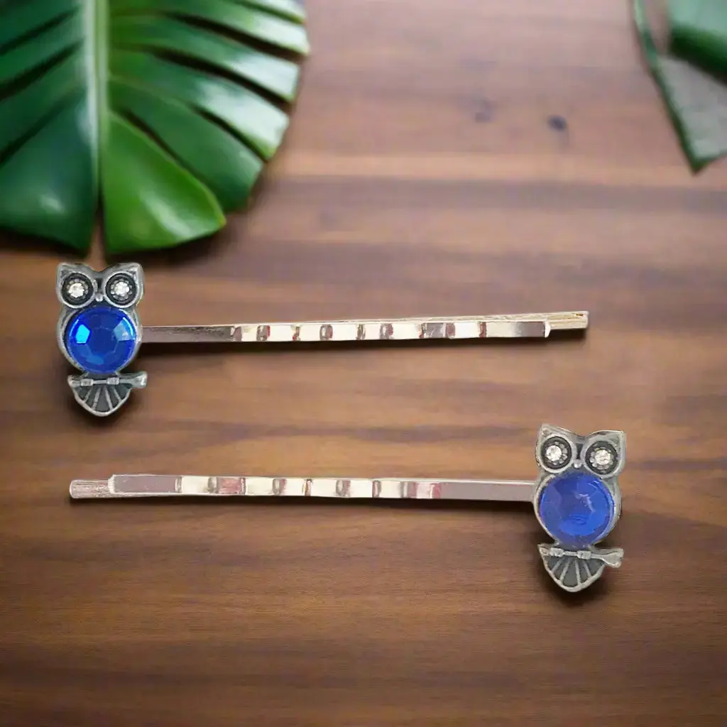Blue Owl Hair Pins - Boho-inspired Bobby Pins for Women | Rhinestone Details & Decorative Accents