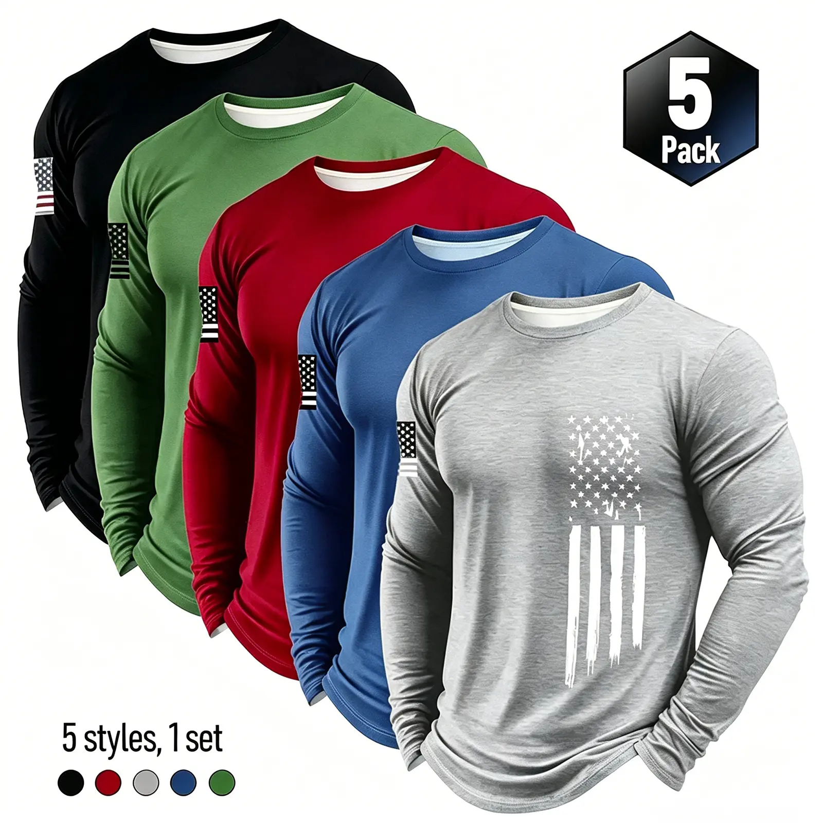 Men's 5-Pack Long Sleeve Athletic T-Shirts, Quick Dry Breathable Mesh Tops, Slim Athletic Fit, Spring Autumn Athleisure Streetwear, Patriotic Independence Day Casual Apparel