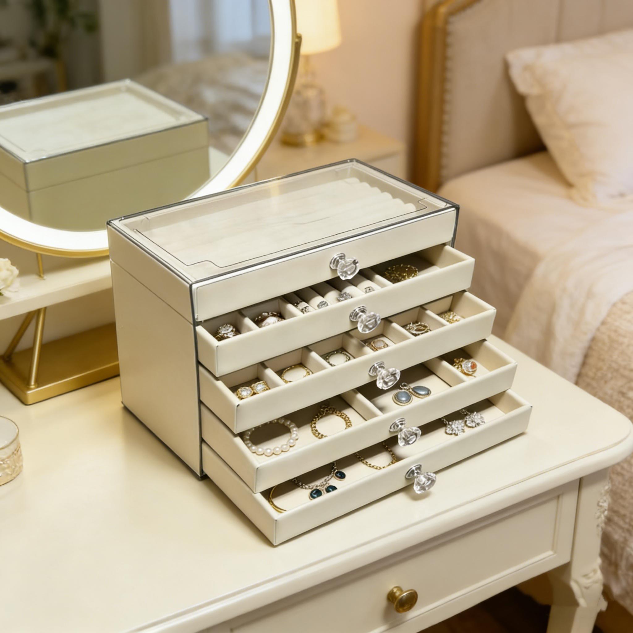 5 Drawer Acrylic Jewelry Box Organizer with Clear Lid | Velvet Lined Jewelry Storage Case with Crystal Knobs | Large Jewelry Armoire for Earrings, Rings, Necklaces, Bracelets #JewelryOrganizer #JewelryBox