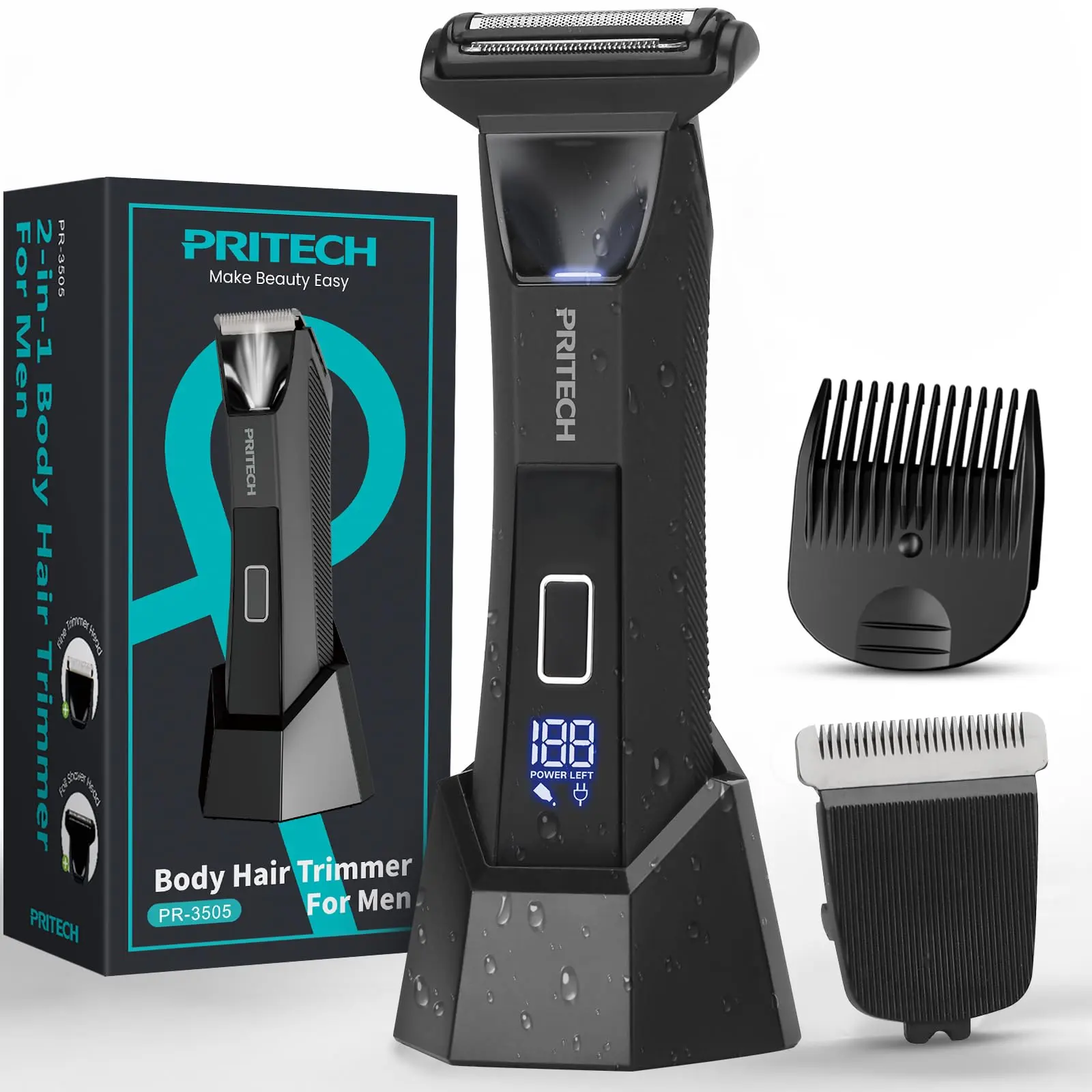 PRITECH Body Trimmer for Men,Body Hair Trimmer & Electric Razor for Pubic,Groin,Chest,Back,Balls,Waterproof Men's Groomer with 2 in 1 Ceramic & Foil Blades for Sensitive Areas,Cordless & Rechargeable