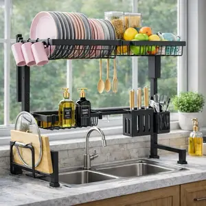 Over The Sink Dish Drying Rack - Adjustable 2 Tier Large Capacity Stainless Steel Drainer with Cutlery & Utensil Holders, Kitchen Storage & Organization, 30"-33.9" L x 11" W x 21.5" H, Black