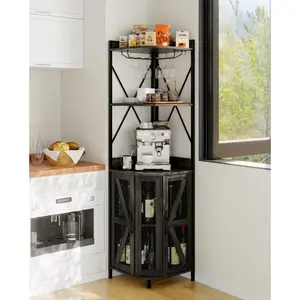 Garvee 4-Tier Corner Wine Rack - Freestanding Foldable Bar Cabinet with Industrial Metal Design, Wine Storage Shelf & Glass Holder for Small Spaces in Living Room, Dining Room, Kitchen - Black Finish, 51 lbs Capacity, No-Tool Assembly