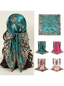 90 Square Scarf New Foreign Trade Leopard Print Chain Decorated Satin Silk Scarf Headband, Versatile and Matchable Artificial Silk Scarf