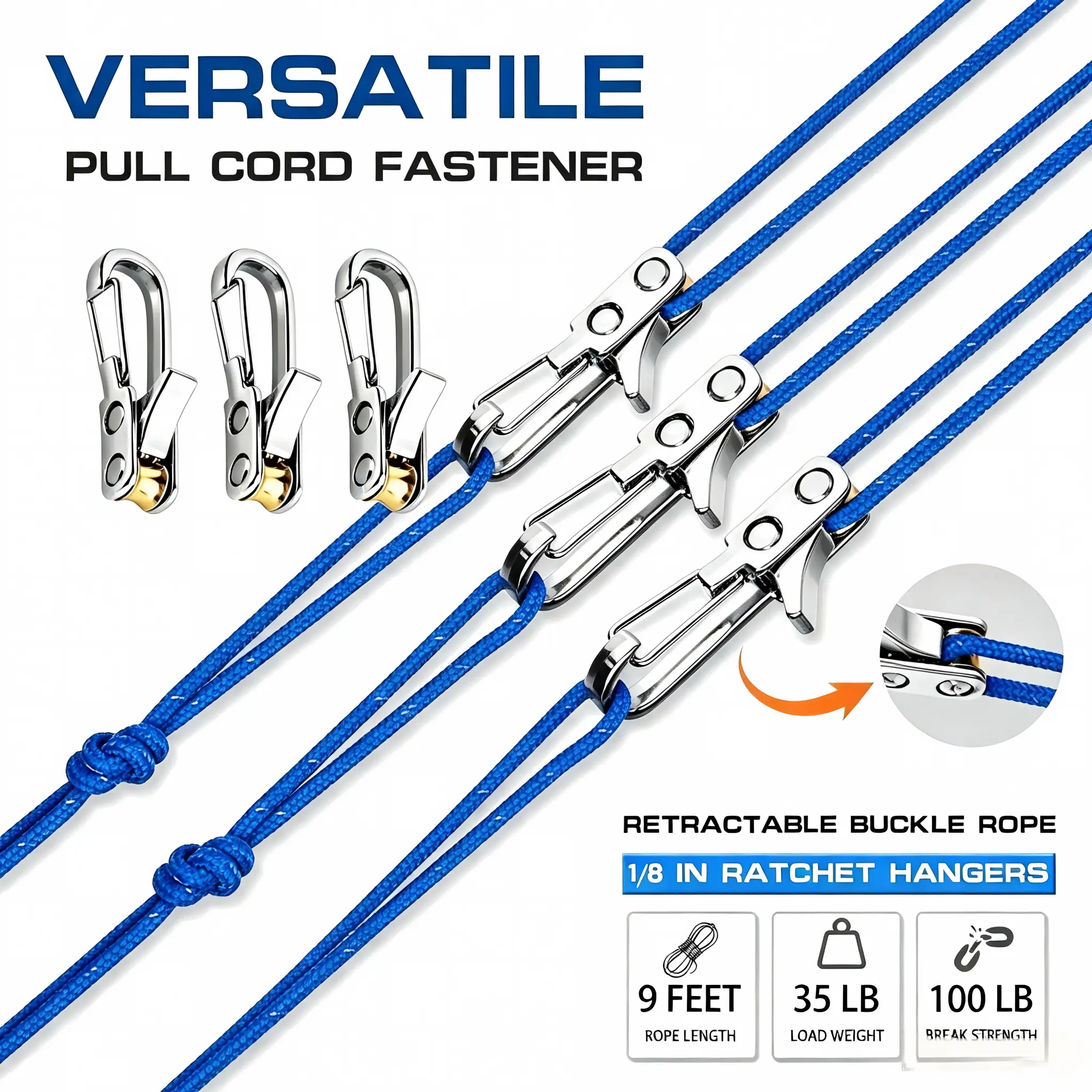 Heavy-Duty Ratchet Hangers with Cam Buckle Rope Fastener, Adjustable Tie-Down Rope Tensioner for Camping, Cargo Securing