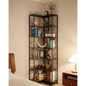 7‑Tier  Industrial Corner Bookshelf Corner Shelf Wood & Metal Frame Large Bookcase, Freestanding Display Shelf for Living Room, Kitchen, Home Office