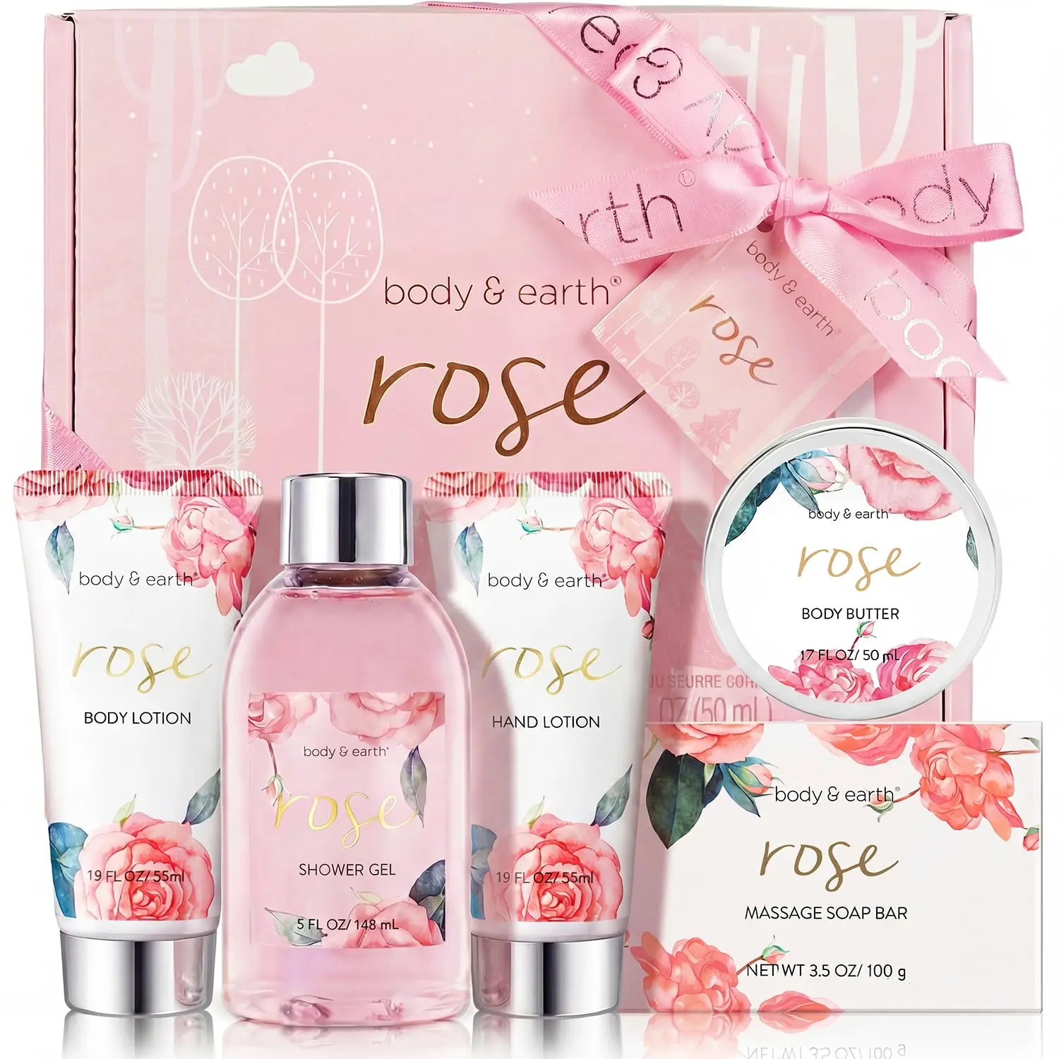 BODY & EARTH Spa Gift Set for Women - Luxurious 5 Pcs Bath and Body Box, Rose Scent, Includes Body Wash, Body Butter, Body Lotion and More, Birthday Christmas Gifts for Mom Self Care Kit for Her