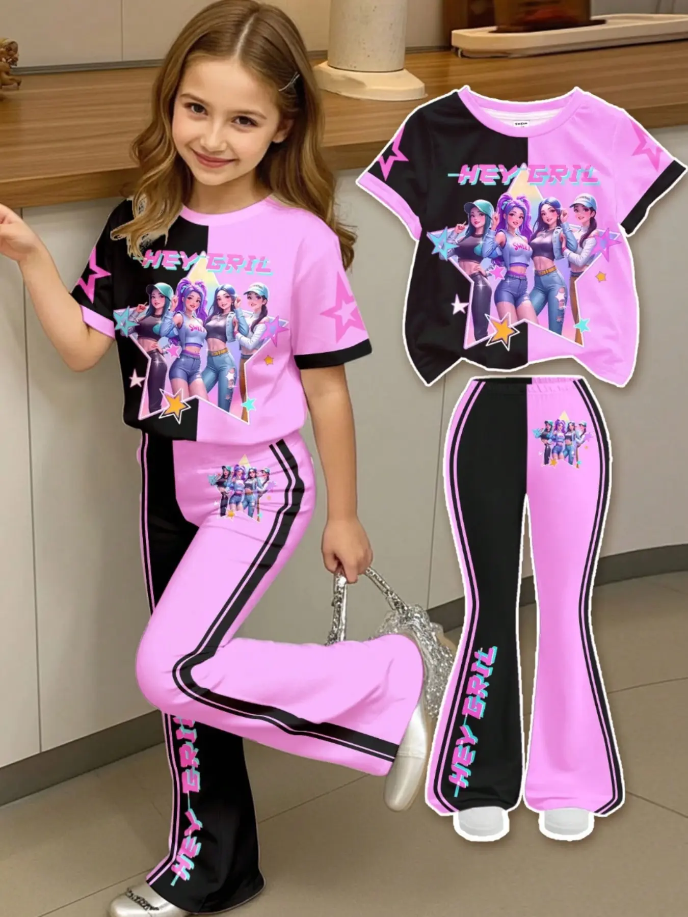 Girls' Casual Set, K-Pop Girl Group Q-Version Loose Tee & Bell-Bottom Pants, Back-To-School, Concerts, Daily Wear, Summer, Summer Clothing Set