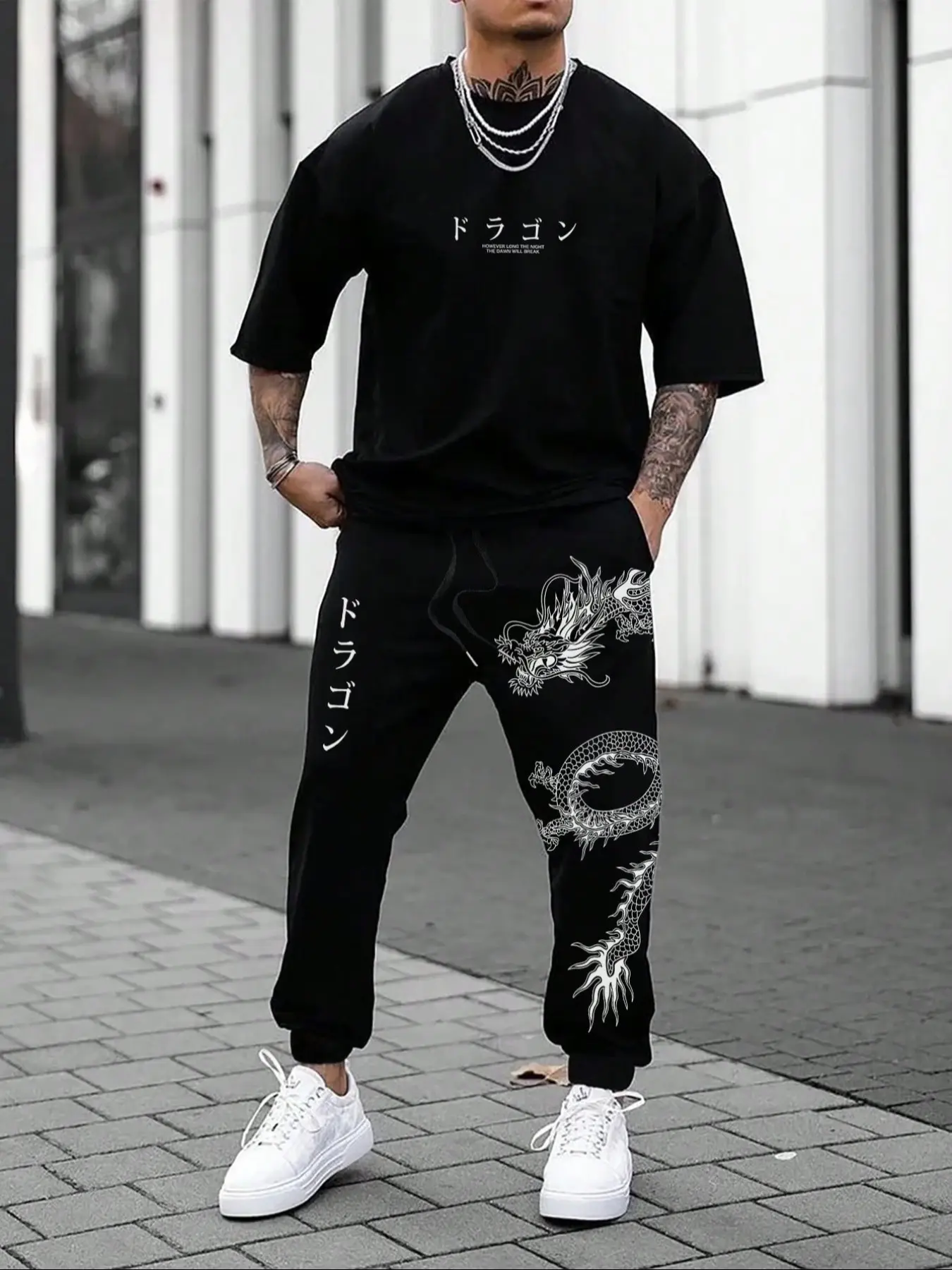 Men's Casual Round Neck Short Sleeve T-Shirt & Drawstring Waist Pants Set, Fashion Dragon Print, Comfortable Fit, Spring Summer Wear