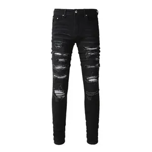 NexusGarbsMen'sBlackDistressedBandannaPatchworkHolesRepairedSkinnyStretchMoustacheSlimFitRippedJeansMen