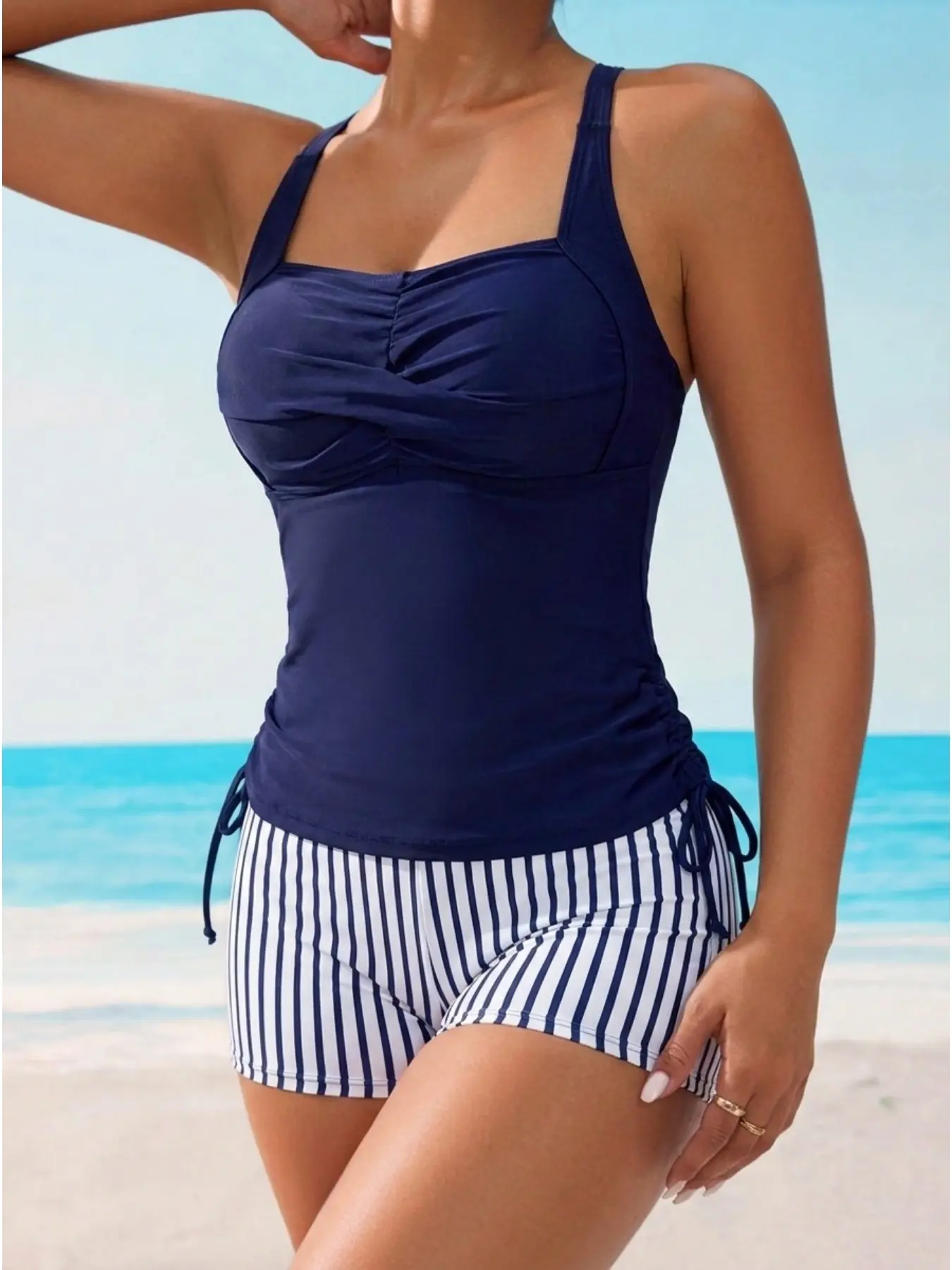 2 Pieces/Set New Navy Blue Wrinlkled Bra Tankini Women Striped High Waist Bottoms Swimsuit Female Two-pieces Side Lace Up Shirts Swim Bathing Suit, Tankini With Shorts