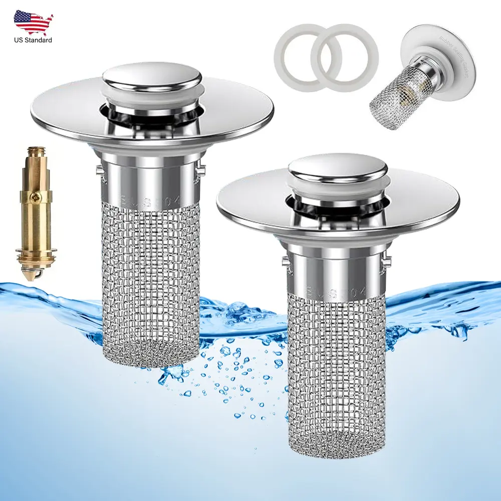 Stainless Steel Pop‑Up Sink Drain Stopper with Hair Filter Basket, Anti‑Clog Drain Replacement, Universal Bathroom Sink & Bathtub Drain Accessory for Catching Hair Debris