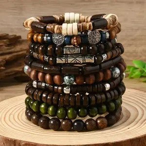 Bohemian Elastic Thread Bracelets - 10-Piece Multi-Layer Costume Jewelry with Wooden Beads, Decorative Leaves, and Blue Flower Accents