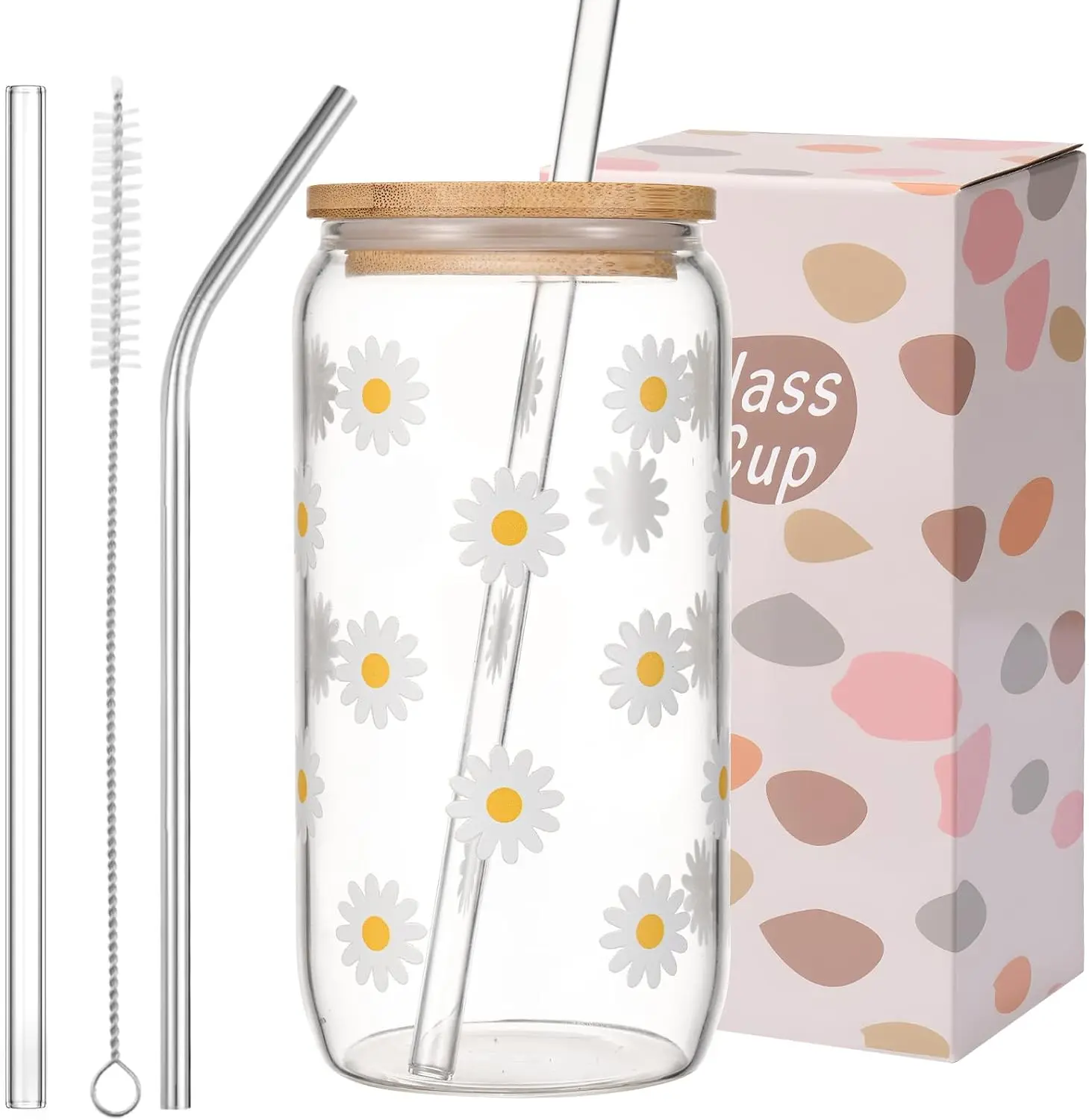 Cute Glass Cups with Lids and Straws, Daisy Flower Iced Coffee Smoothie Matcha Cup Tumbler Birthday Gifts for Women Sister Friend Her Preppy Teenage Girls Teen Girl Gifts Trendy Stuff Things