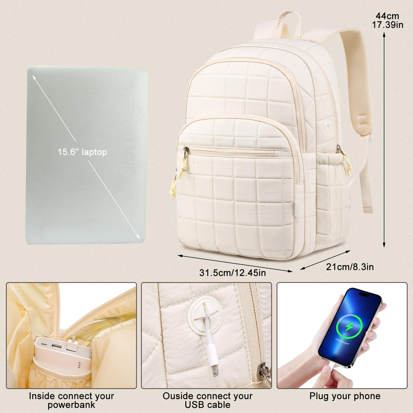 Cream White Grid Quilted Laptop Backpack for Women, 15.6 Inch Large Capacity Puffer Backpack with USB Charging Port, Water Resistant Cute School Backpack for Teens, College Students, Daily Commute, Travel & Office
